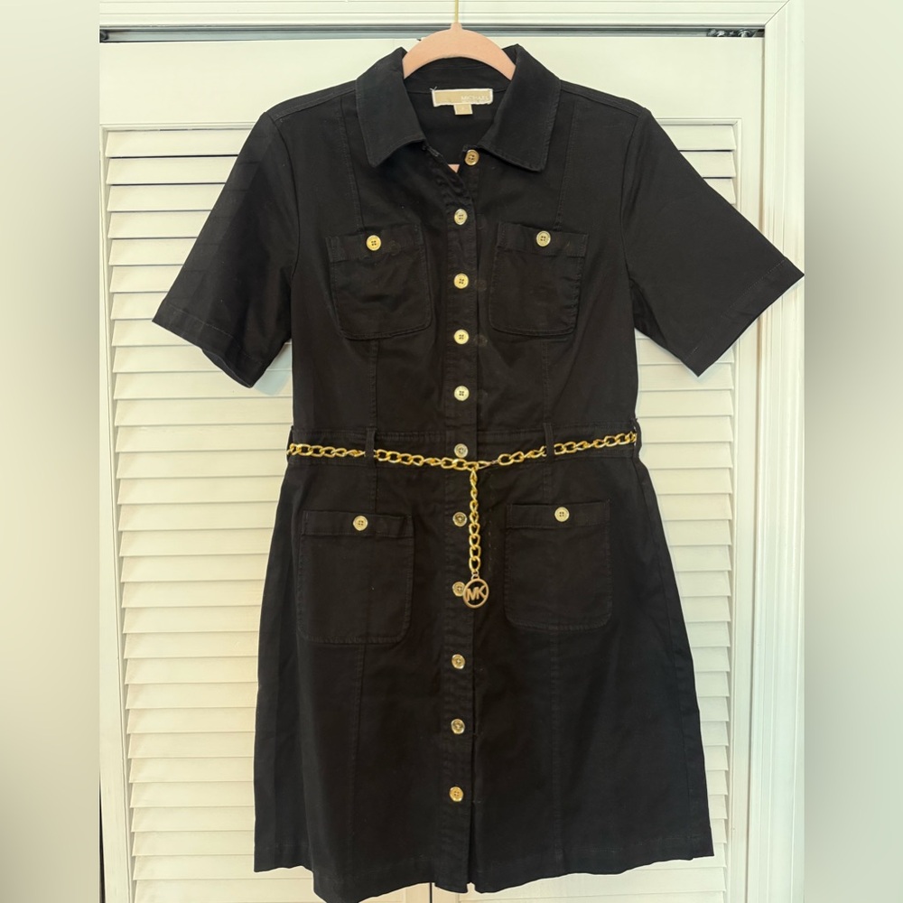 Michael Kors Black Utility Dress with Gold Chain Belt size 2